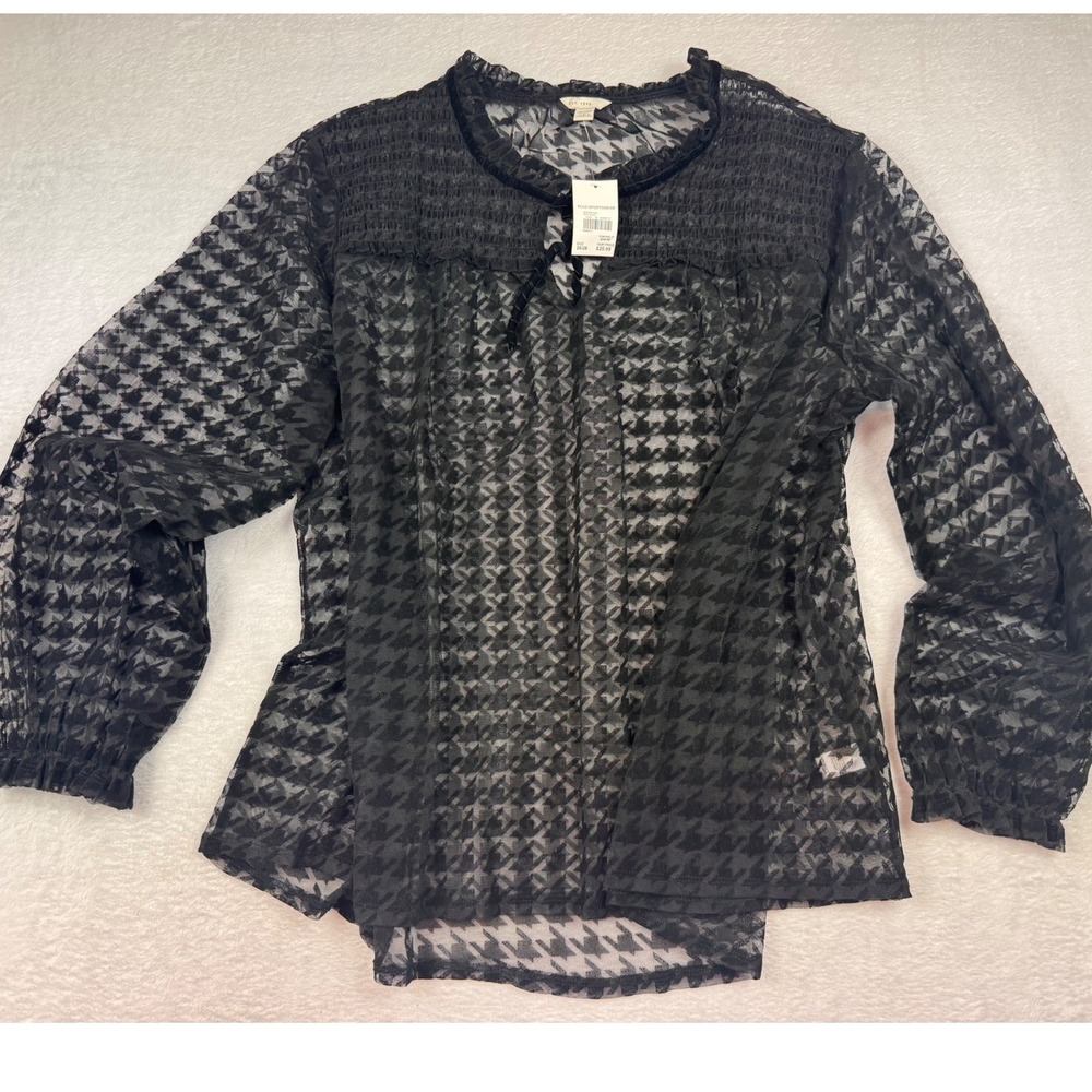 Catherines Est 1946 Black Houndstooth Flocked Mesh Blouse Plus 26/28W NWT